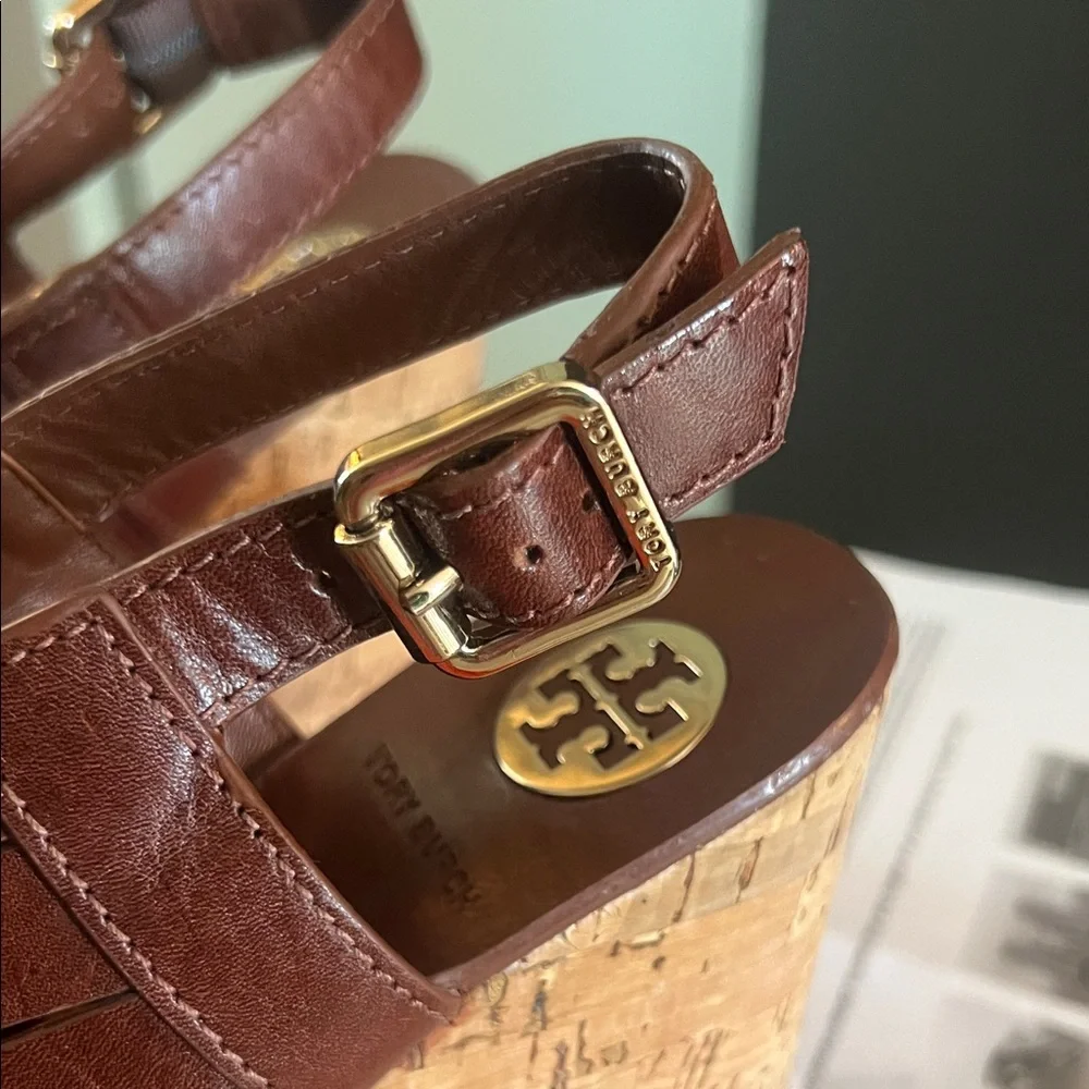 🛑 1 hour sale. Tory Burch, size 8, Sienna Chocolate Brown Cork Wedges, EUC - Picture 9 of 14